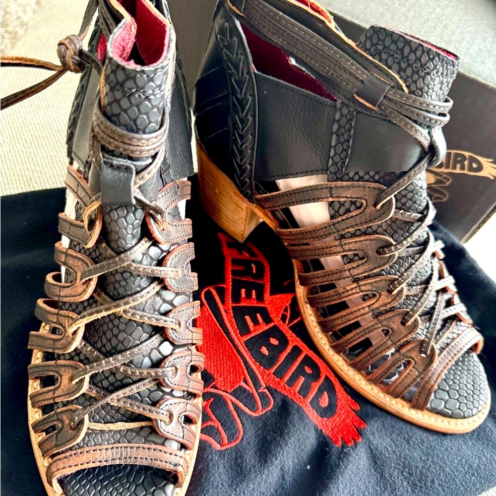 Freebird Black and Brown Heeled Sandals